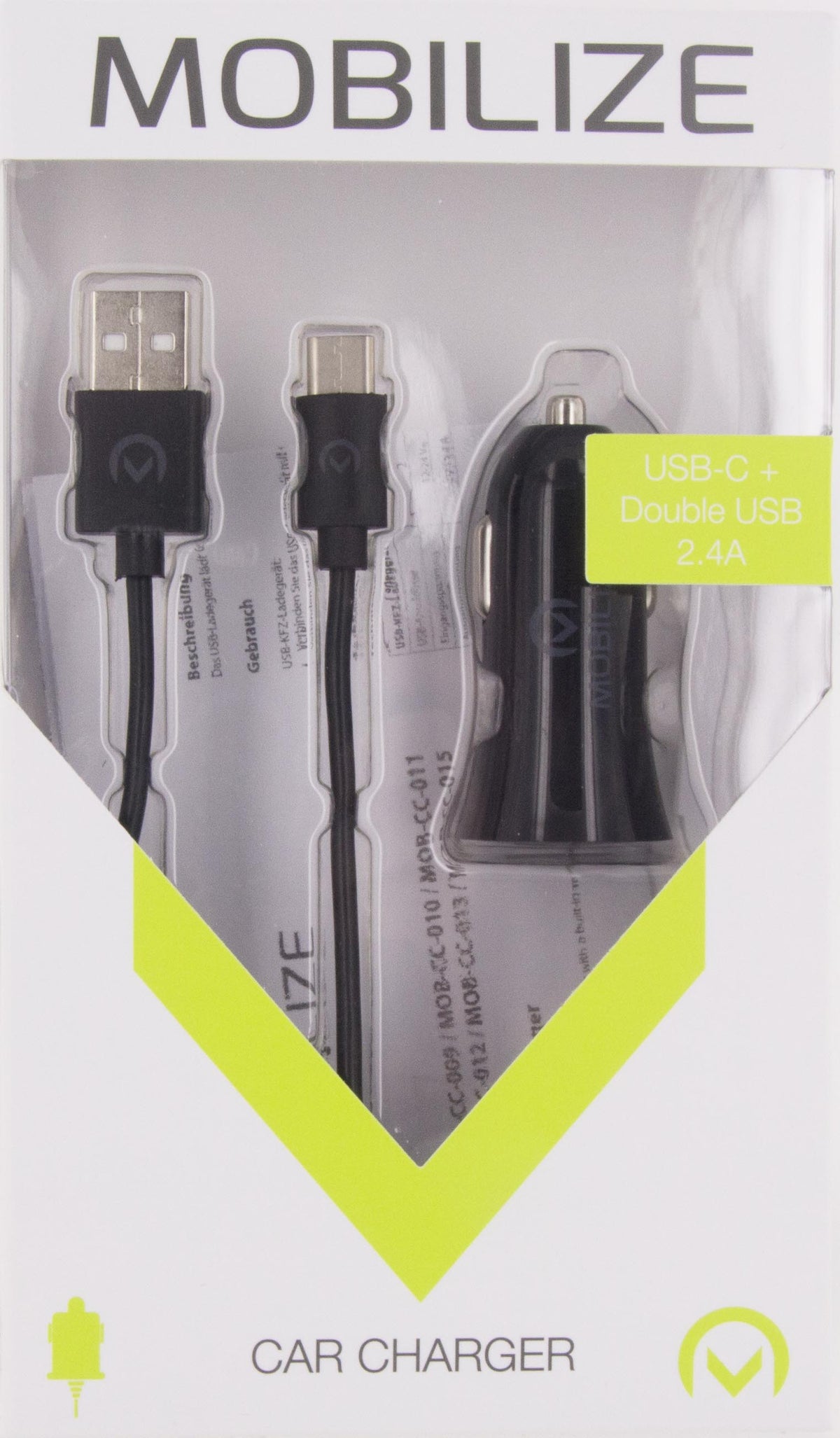 Mobilize Car Charger Dual Usb 2.4A 12W + 1M Usb-C Cable Black