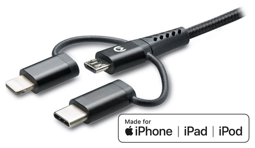 Mobilize Strong Nylon Cable 3In1 Usb To Micro Usb, Usb-C, Apple Mfi Lightning 1.5M Black - Essentify