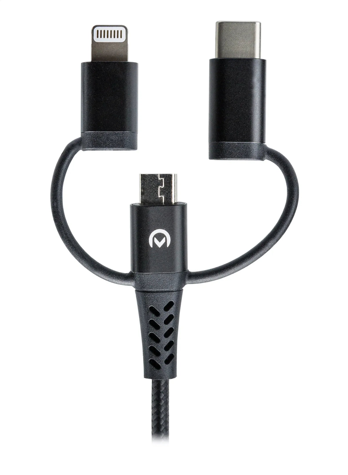 Mobilize Strong Nylon Cable 3In1 Usb To Micro Usb, Usb-C, Apple Mfi Lightning 1.5M Black - Essentify