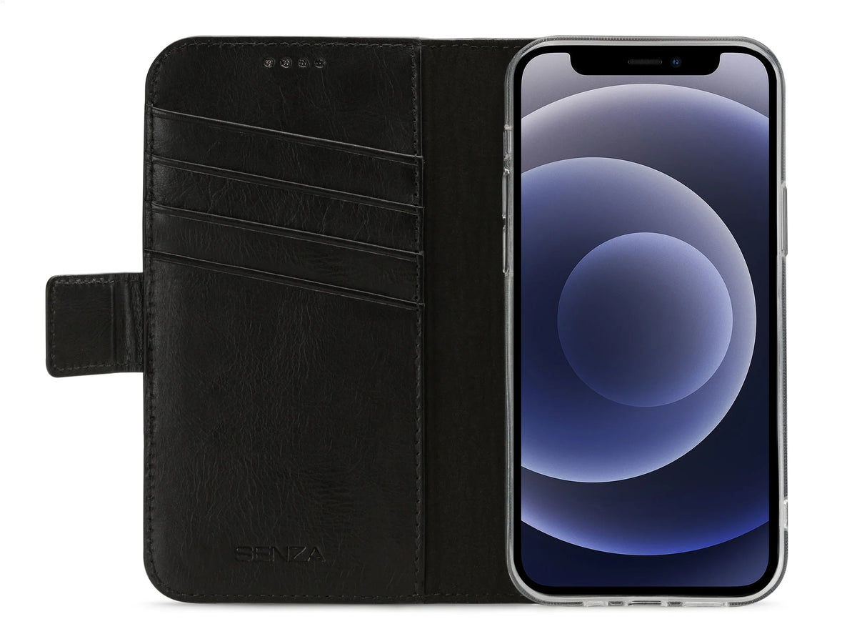 Senza Pure Leather Wallet Apple Iphone 12 Mini Deep Black - Essentify