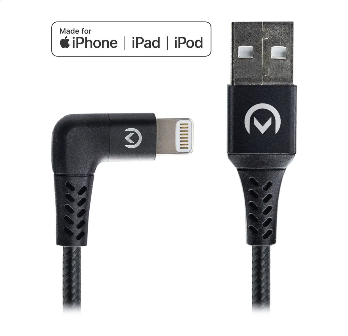 Mobilize Strong Nylon 90° Cable Apple Mfi Lightning 1.5M. 12W Black - Essentify