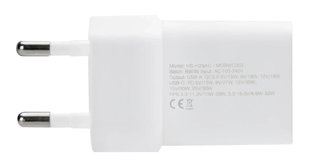 Mobilize Wall Charger Usb-C + Usb Gan 30W With Pd/Pps White - Essentify