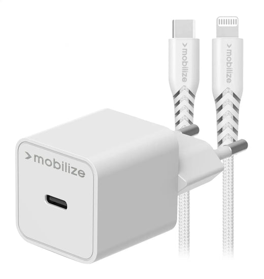 Mobilize Wall Charger Usb-C 20W With Pd + Mfi Lightning Nylon Cable 1.2M White - Essentify