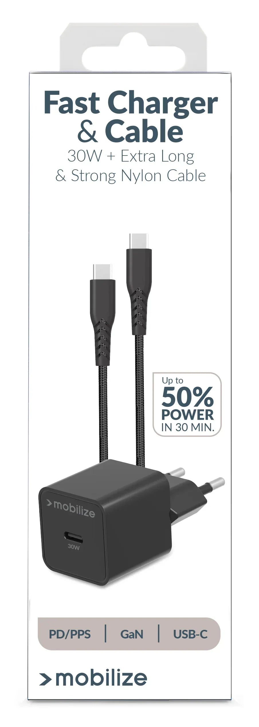Mobilize Wall Charger Usb-C Gan 30W With Pd/Pps + Usb-C Nylon Cable 1.2M Black - Essentify