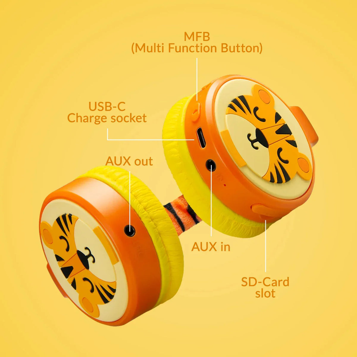 Mobilize Wireless/Wired Over Ear Kids Headphone 85Db Tiger - Essentify