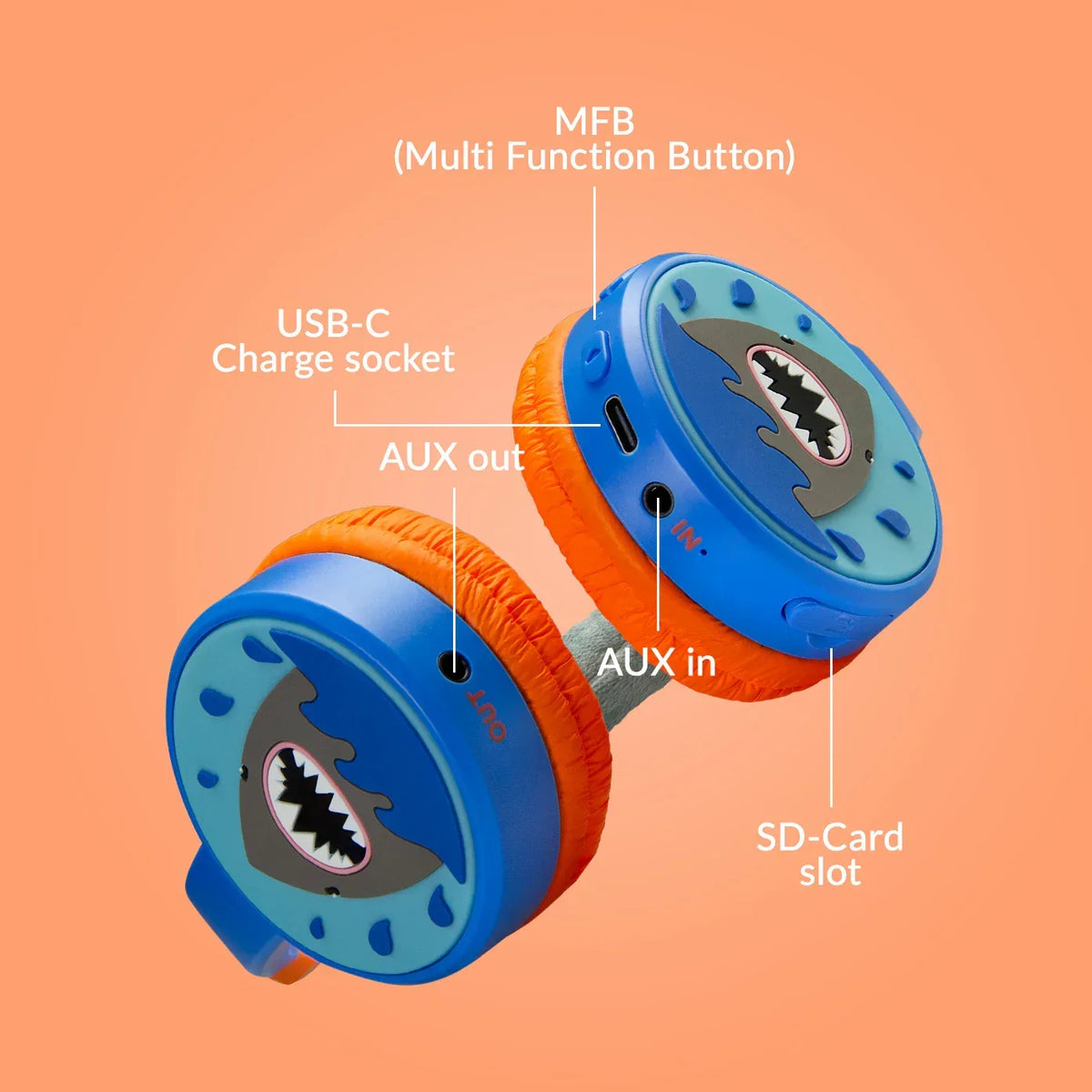 Mobilize Wireless/Wired Over Ear Kids Headphone 85Db Shark - Essentify