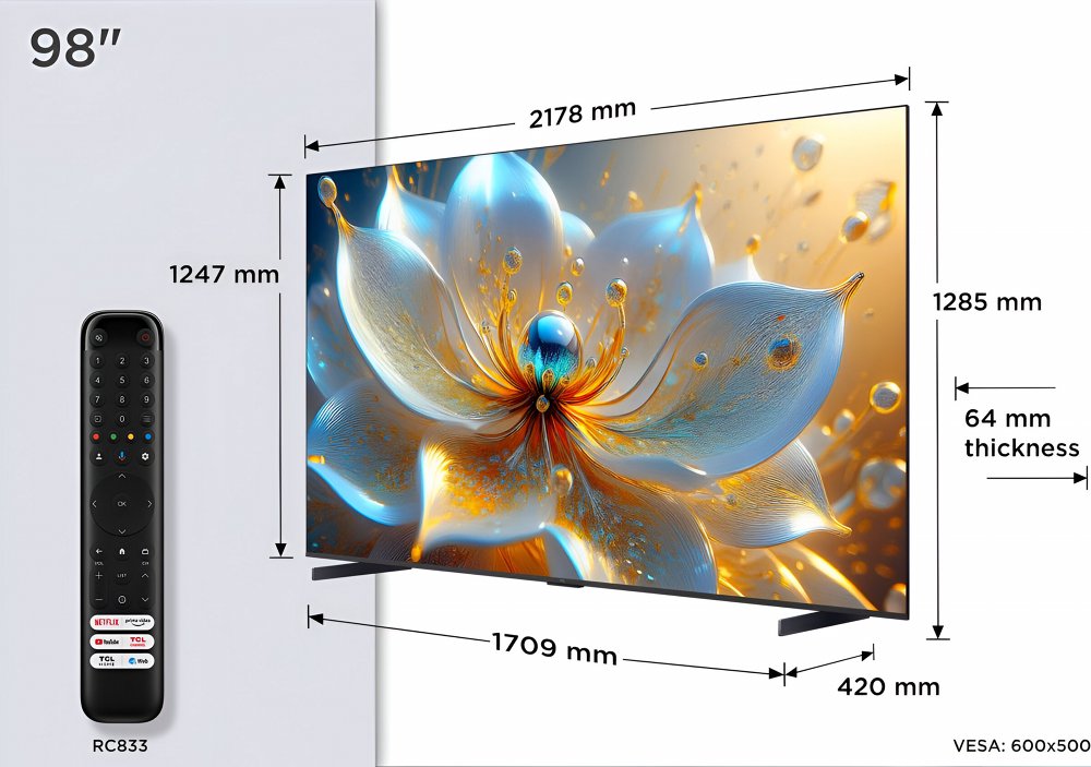 TCL 98T8C | 98” 4K QLED (2025) | 144Hz Motion | Dolby Vision & Dolby Atmos | Google TV & WiFi
