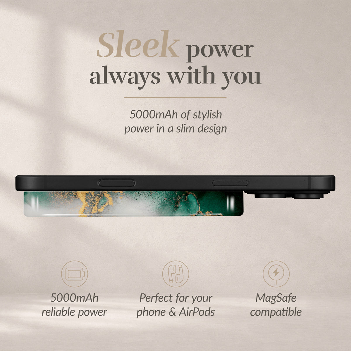 Mio By Mobilize Mio Powerbank 5000Mah With Double Sided Magsafe Compatibility Green Marble - Glossy
