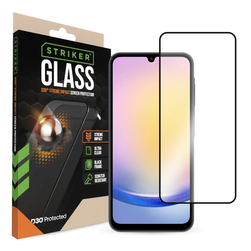 Striker D3O Xtreme Impact Glass Screen Protector - Black Frame - Samsung Galaxy A25 5G - Essentify