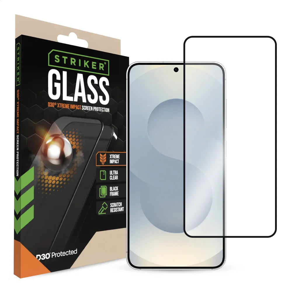 Striker D3O Xtreme Impact Glass Screen Protector - Black Frame - Samsung Galaxy S24 5G/S25 5G - Essentify