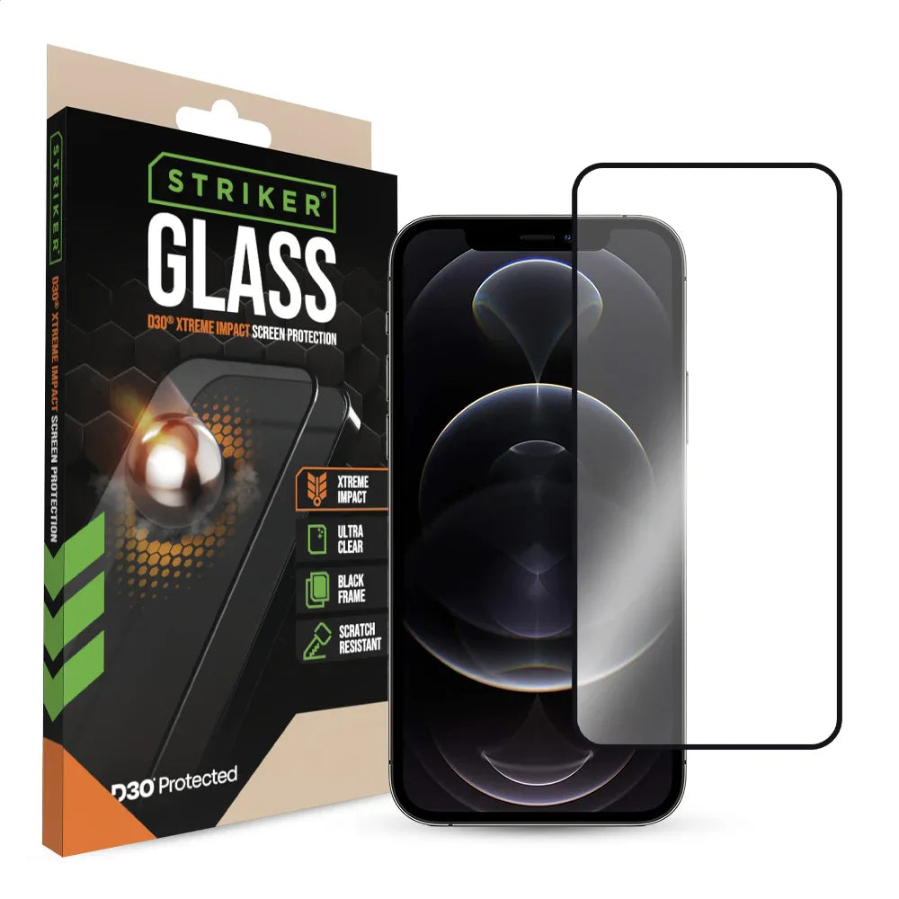 Striker D3O Xtreme Impact Glass Screen Protector - Black Frame - Apple Iphone 12/12 Pro - Essentify