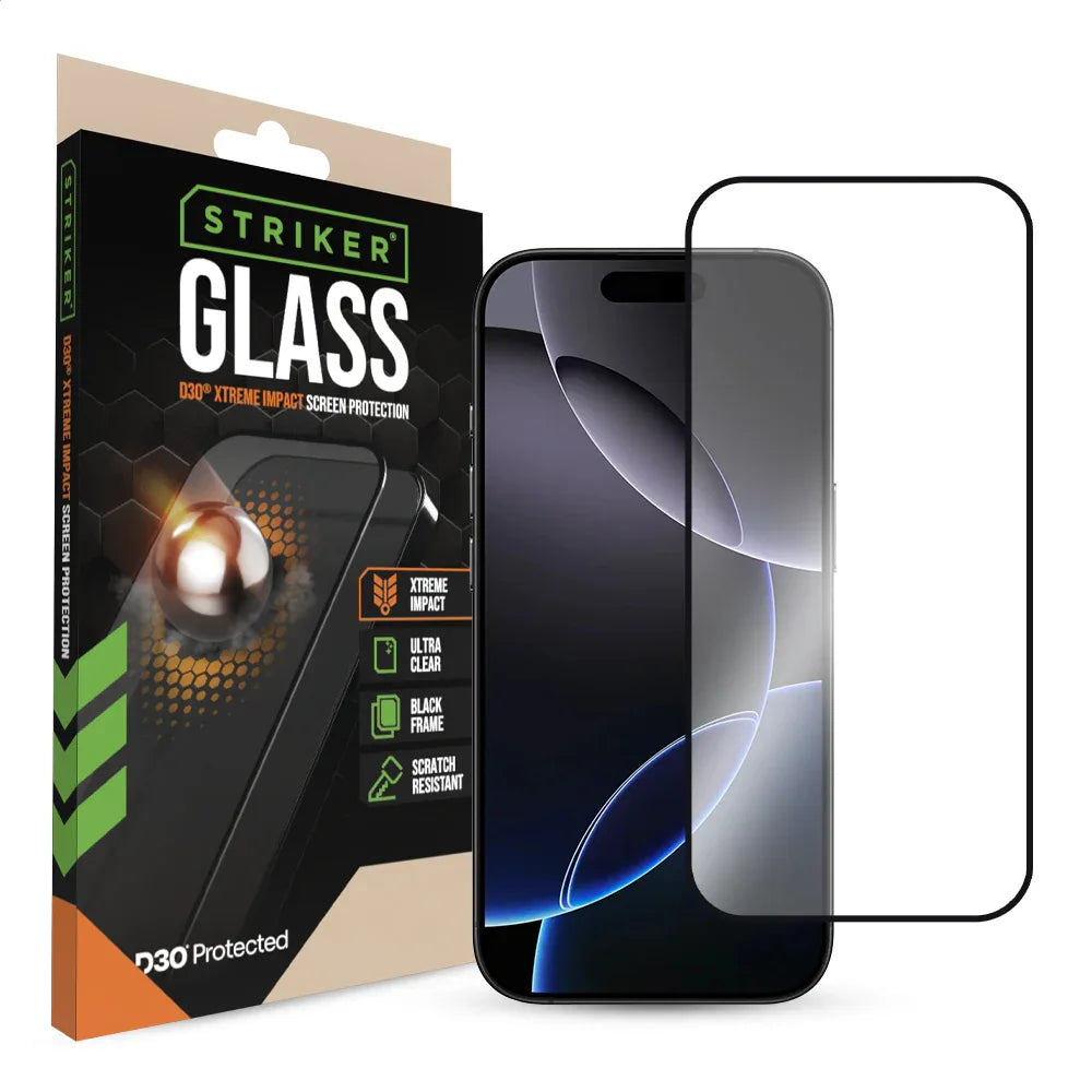 Striker D3O Xtreme Impact Glass Screen Protector - Black Frame - Apple Iphone 16 Pro - Essentify