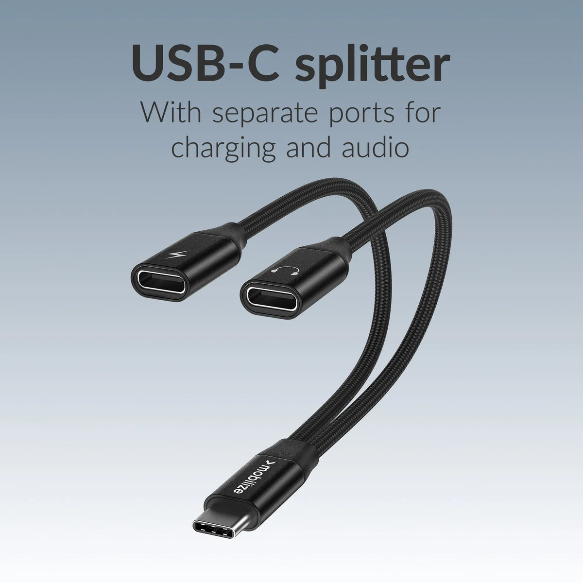 Mobilize Strong Nylon Usb-C Splitter For Audio And Charging 15Cm Black - Essentify