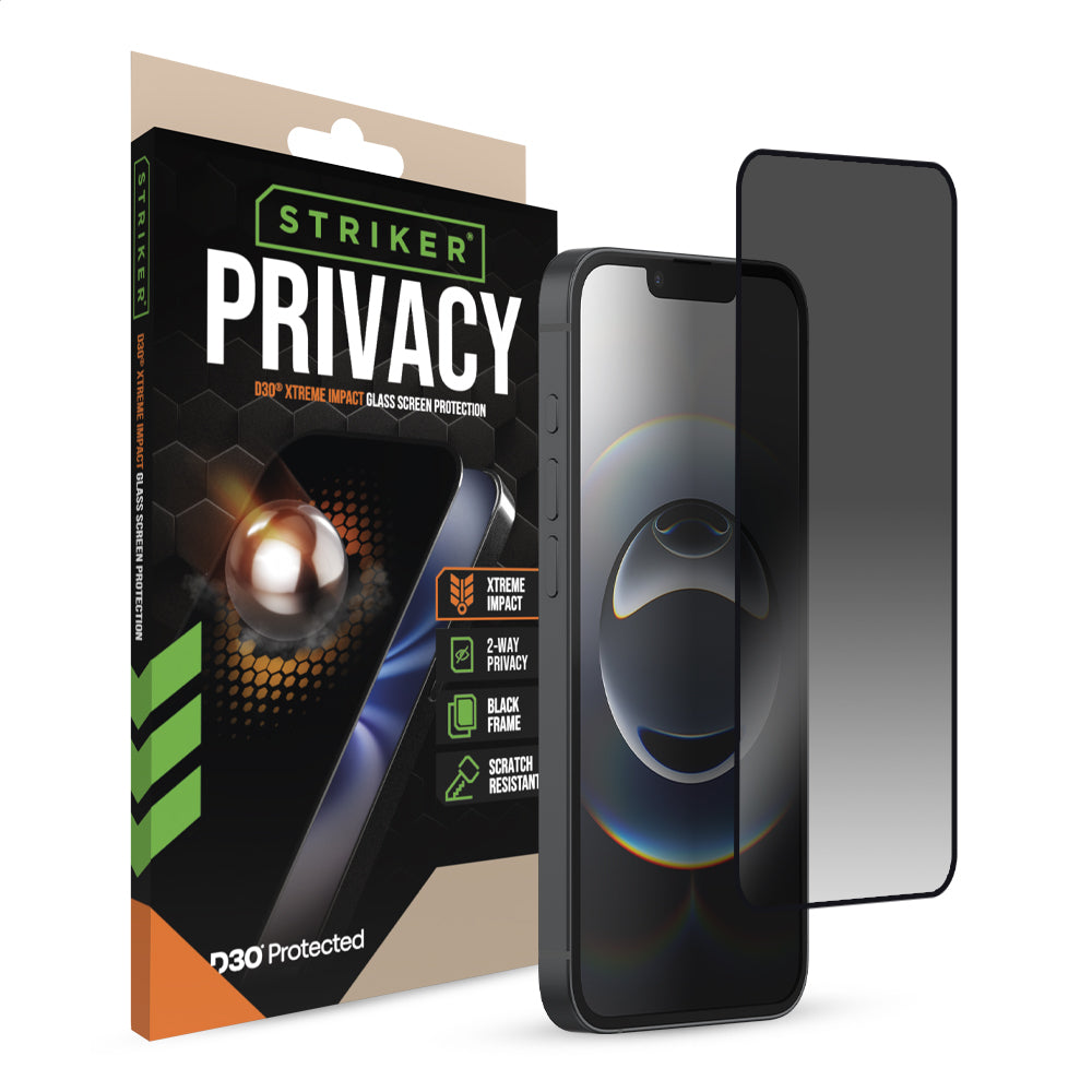 Striker D3O Xtreme Impact Privacy Glass Screen Protector - Black Frame - Apple Iphone 13/13 Pro/14/16E