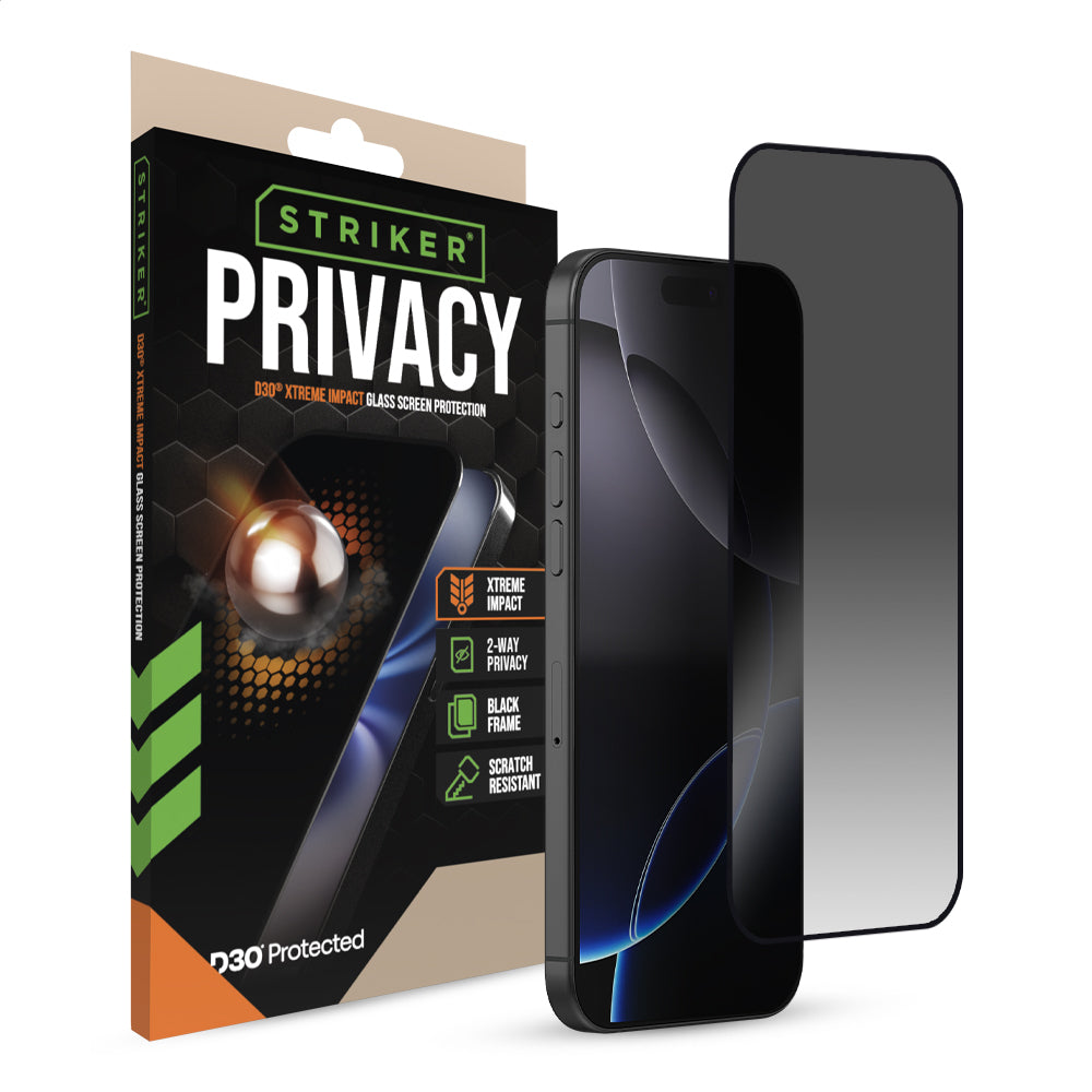 Striker D3O Xtreme Impact Privacy Glass Screen Protector - Black Frame - Apple Iphone 16 Pro Max