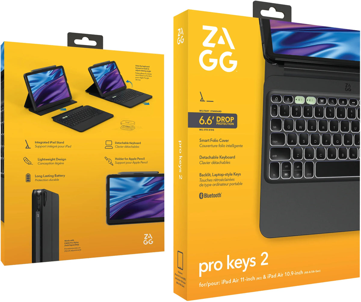 Zagg Pro Keys 2 Bluetooth Keyboard Case For Apple Ipad Air 10.9 (2020/2022)/Air 11 (2024/2025) Qwerty Black - Essentify