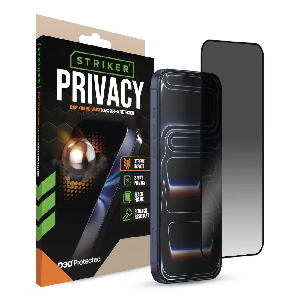 Striker D3O Xtreme Impact Privacy Glass Screen Protector - Black Frame - Apple Iphone 16 Pro Max/17 Pro Max - Essentify