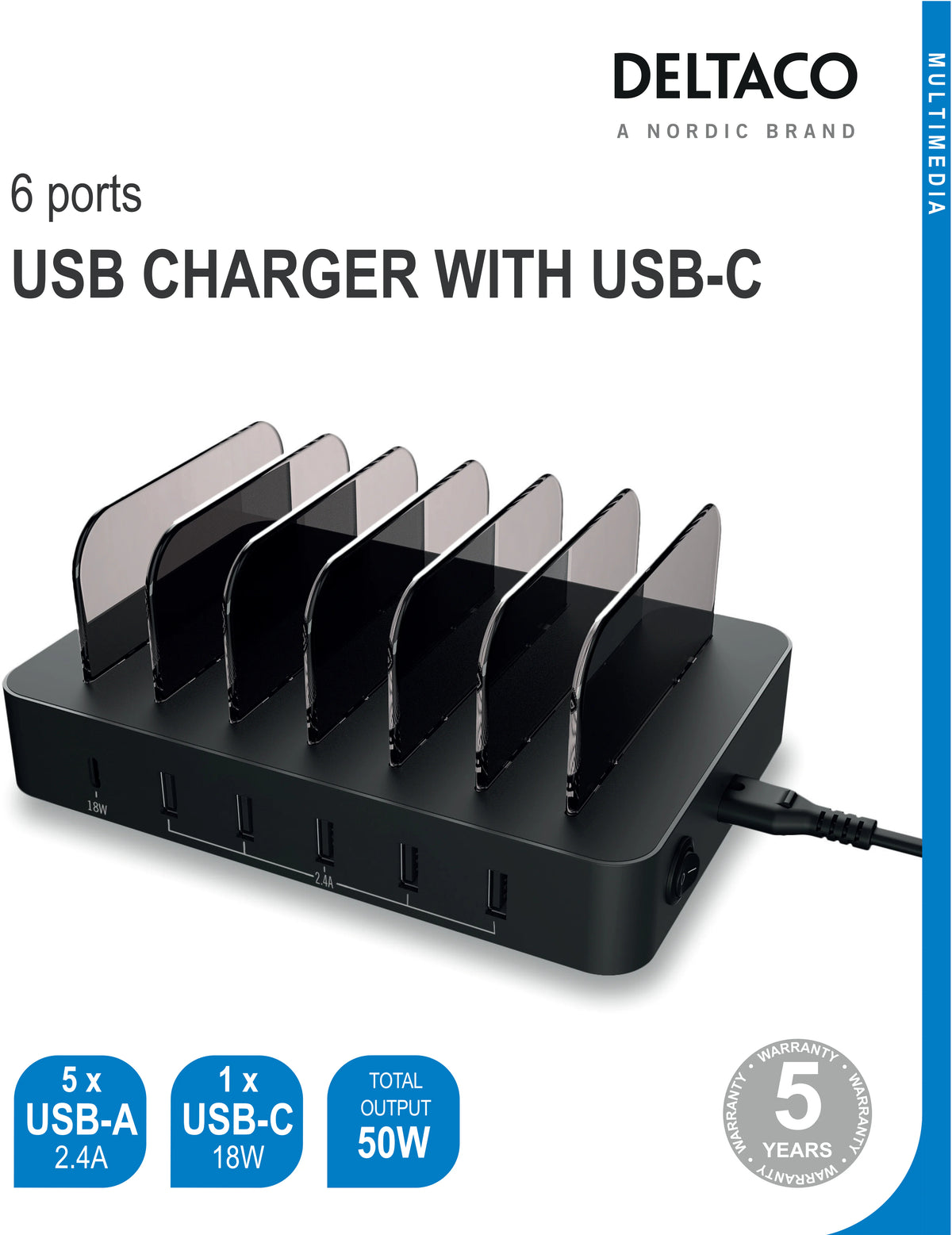 Deltaco Dps-0200 Deltaco 6-Ports Usb + Usb-C Charging Station 50W Black