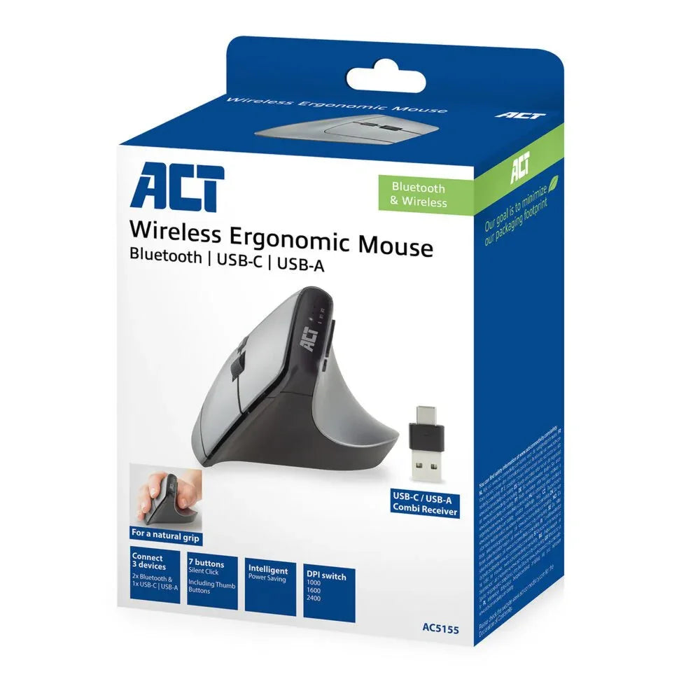 ACT AC5155 | Ergonomische Draadloze Muis | RF-Draadloos + Bluetooth | USB-A en USB-C Receiver | 2400 DPI | Zilver/Zwart - Essentify