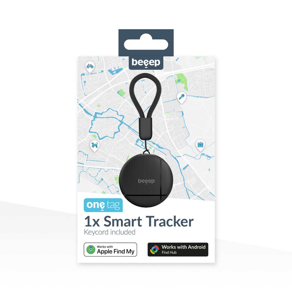 Beeep Onetag Apple Find My & Android Tracker Black & Keychain Black - 1 Pack