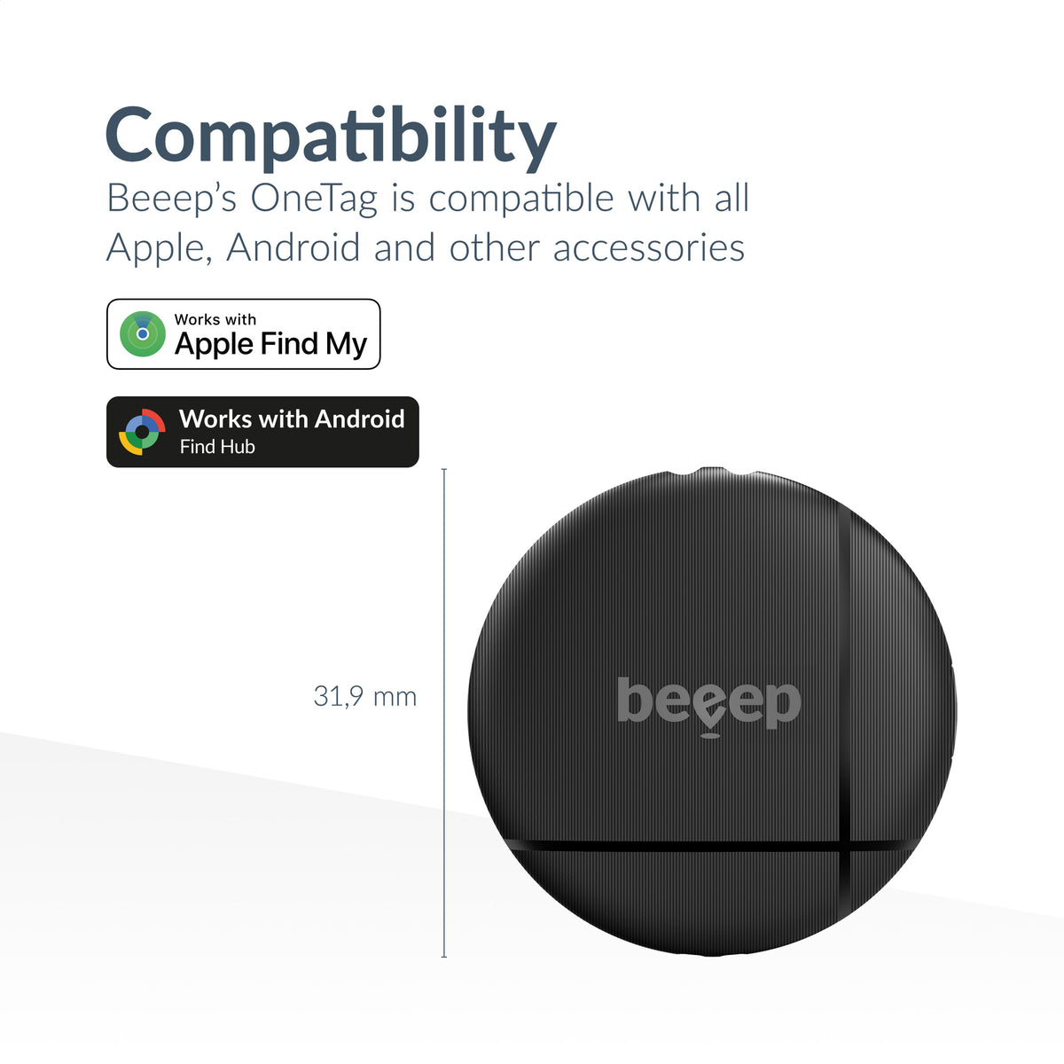 Beeep Onetag Apple Find My & Android Tracker Black & Keychain Black - 1 Pack