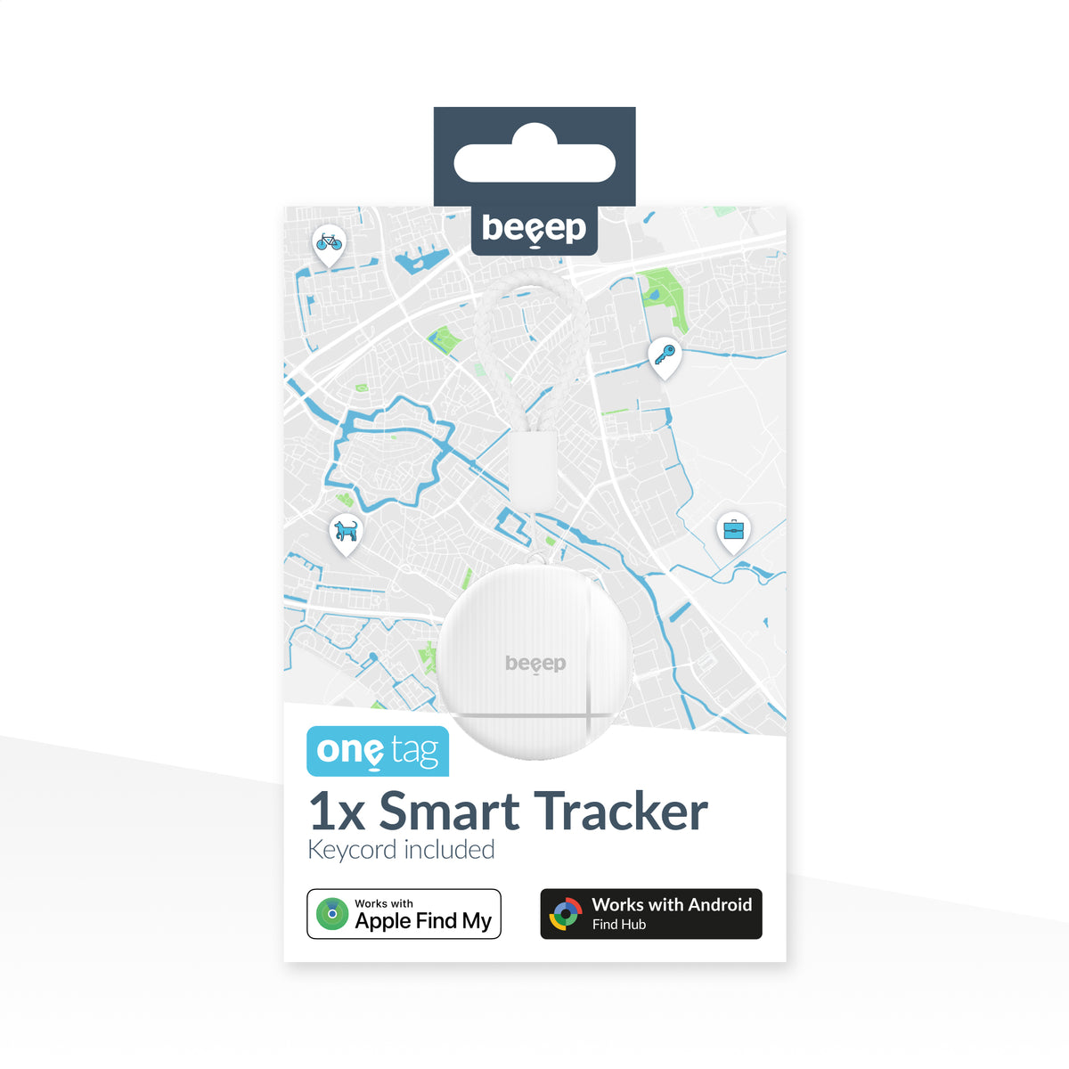 Beeep Onetag Apple Find My & Android Tracker White & Keychain White - 1 Pack