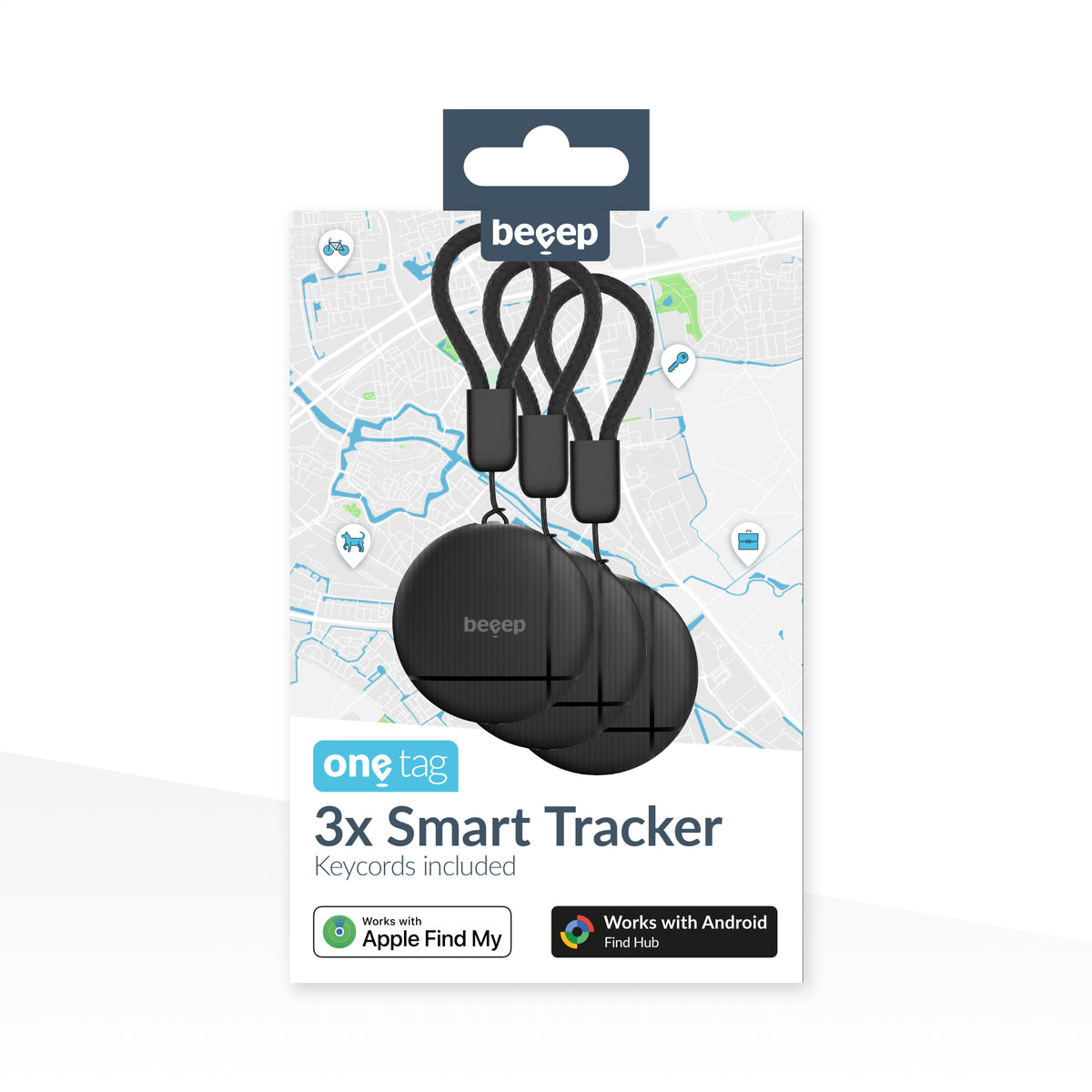Beeep Onetag Apple Find My & Android Tracker Black & Keychain Black - 3 Pack