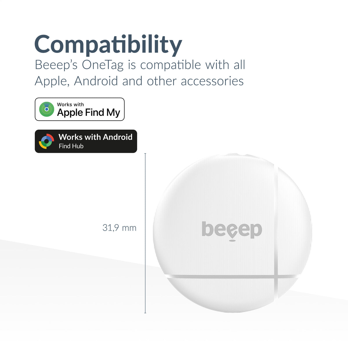 Beeep Onetag Apple Find My & Android Tracker White & Keychain White - 3 Pack