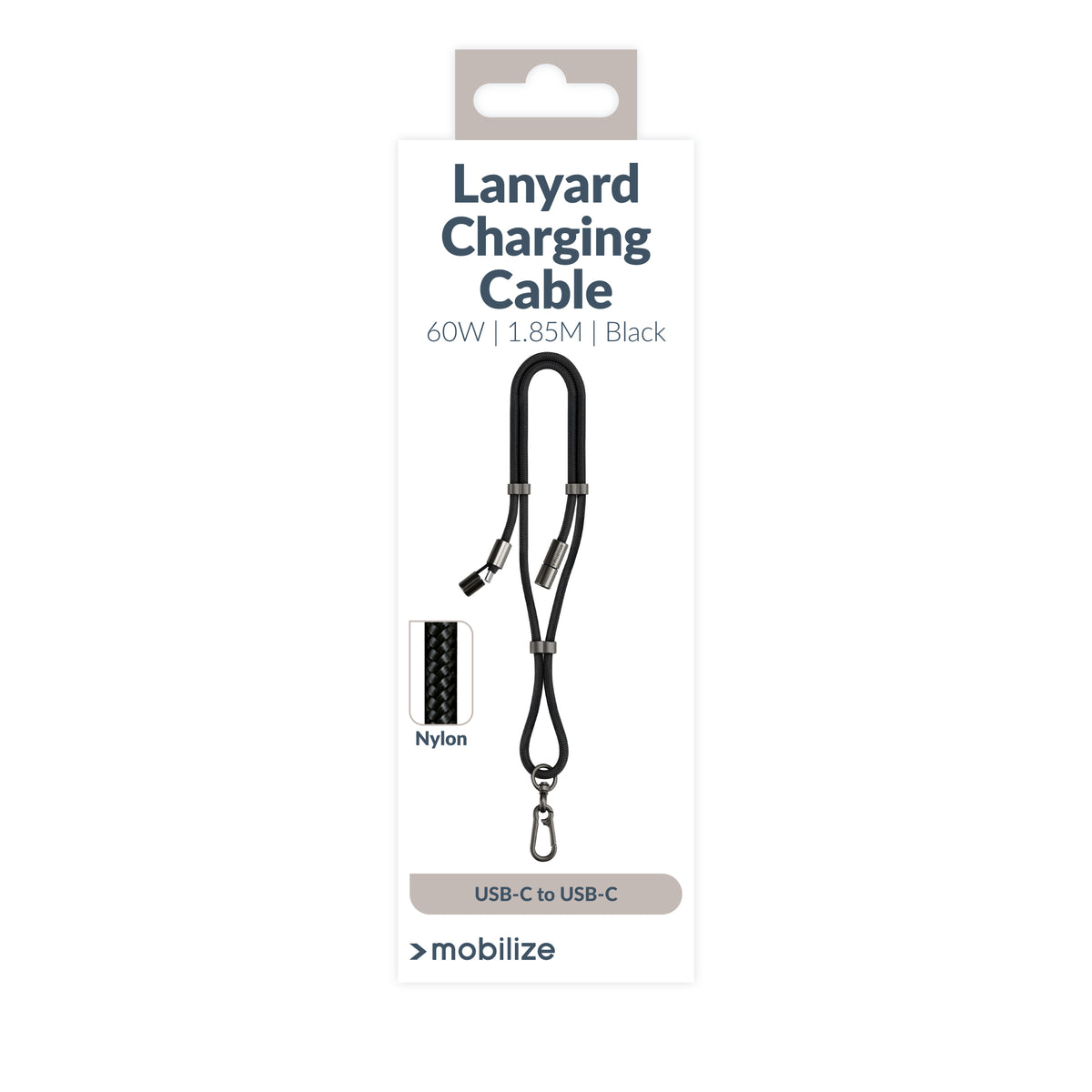 Mobilize Lanyard Nylon Cable - Usb-C To Usb-C - 1.85M - 60W Black