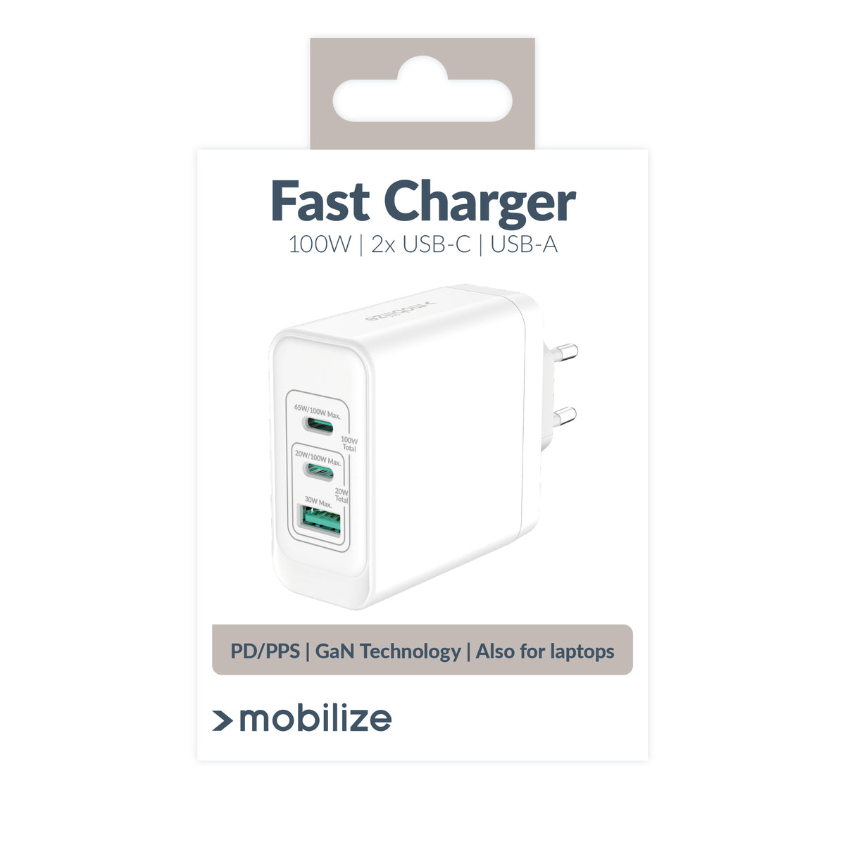 Mobilize Wall Charger 2X Usb-C + 1X Usb Gan 100W With Pd/Pps White