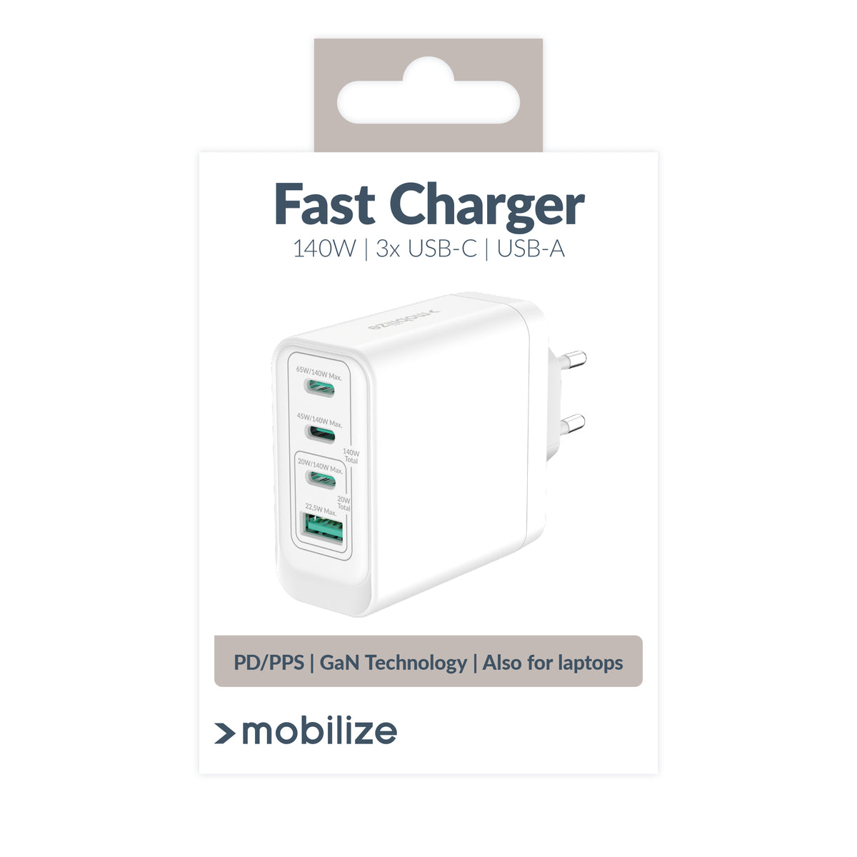 Mobilize Wall Charger 3X Usb-C + 1X Usb Gan 140W With Pd/Pps White