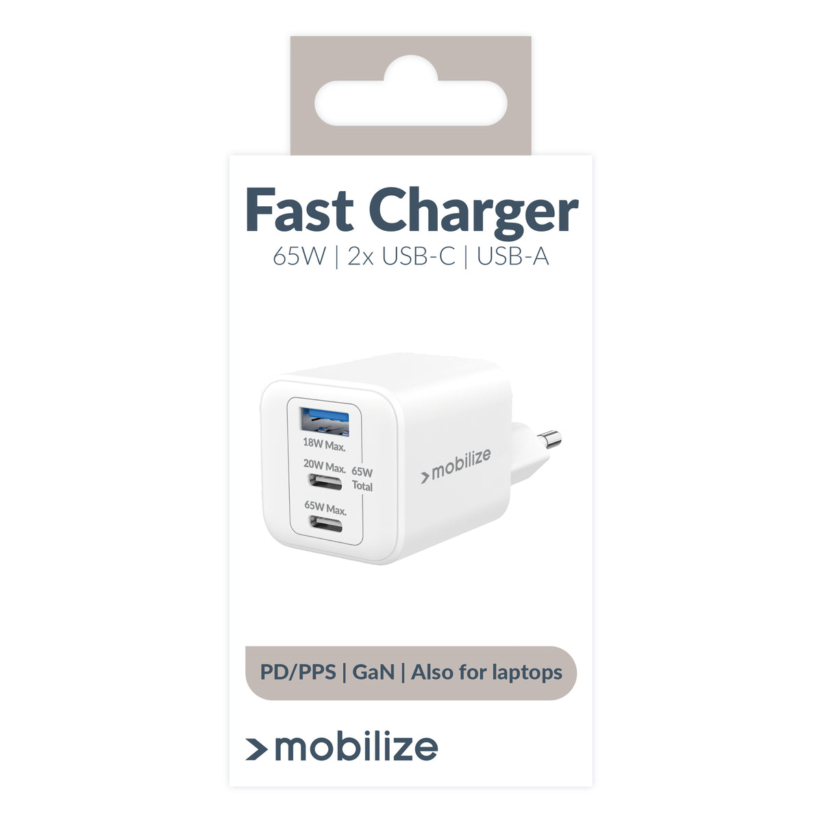 Mobilize Wall Charger 2X Usb-C + 1X Usb Gan 65W With Pd/Pps White