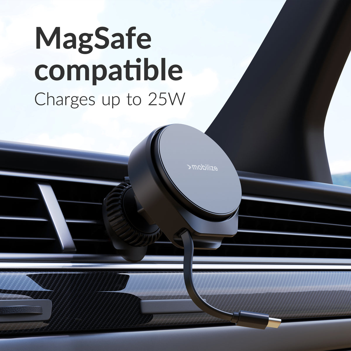 Mobilize Magsafe Compatible Car Holder/Charger 25W Qi2.2 With Retractable Usb-C Cable Black