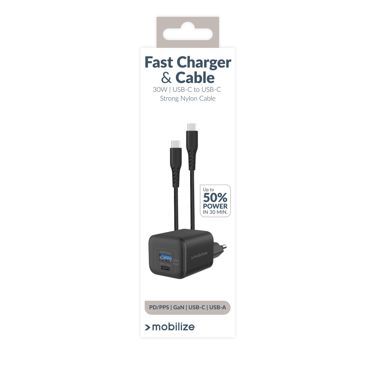 Mobilize Wall Charger Usb-C + Usb Gan 30W With Pd/Pps + Usb-C Nylon Cable 1.2M Black