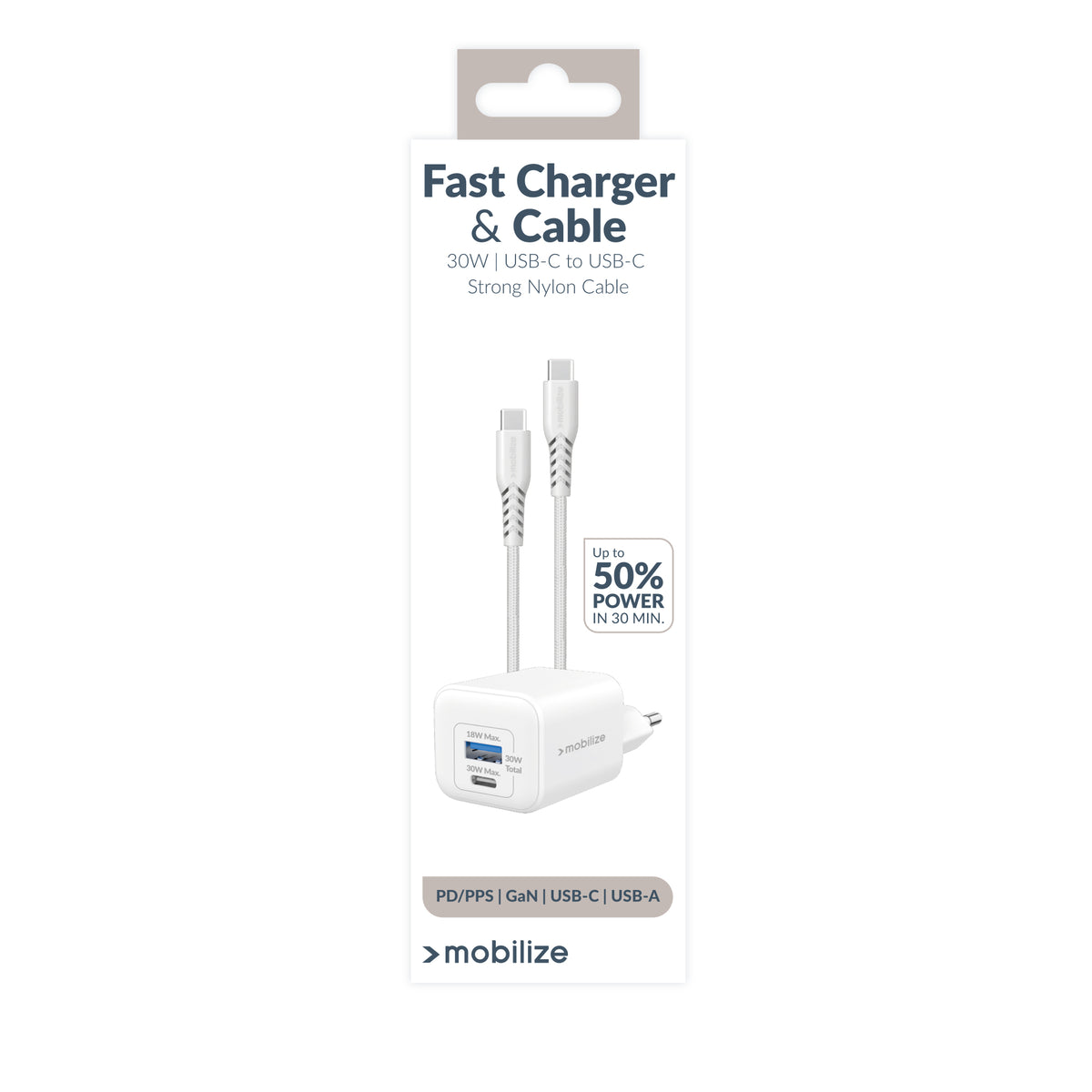 Mobilize Wall Charger Usb-C + Usb Gan 30W With Pd/Pps + Usb-C Nylon Cable 1.2M White