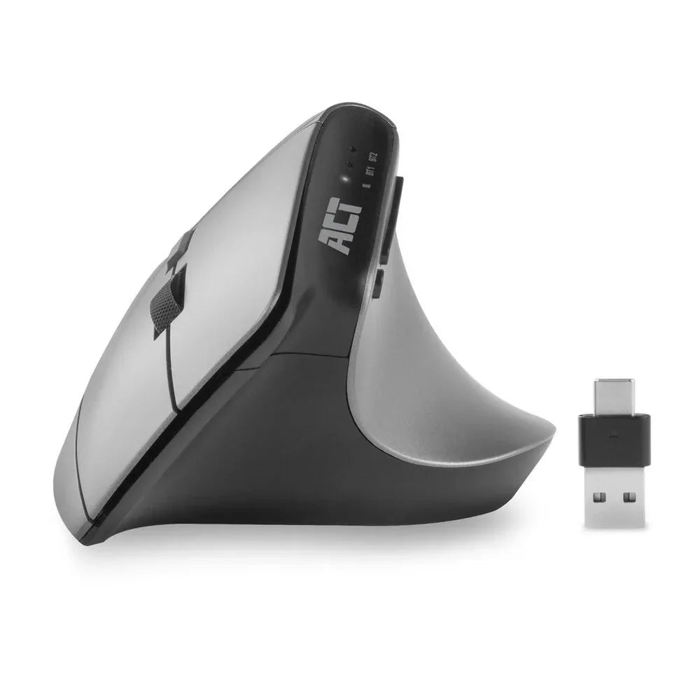 ACT AC5155 | Ergonomische Draadloze Muis | RF-Draadloos + Bluetooth | USB-A en USB-C Receiver | 2400 DPI | Zilver/Zwart - Essentify