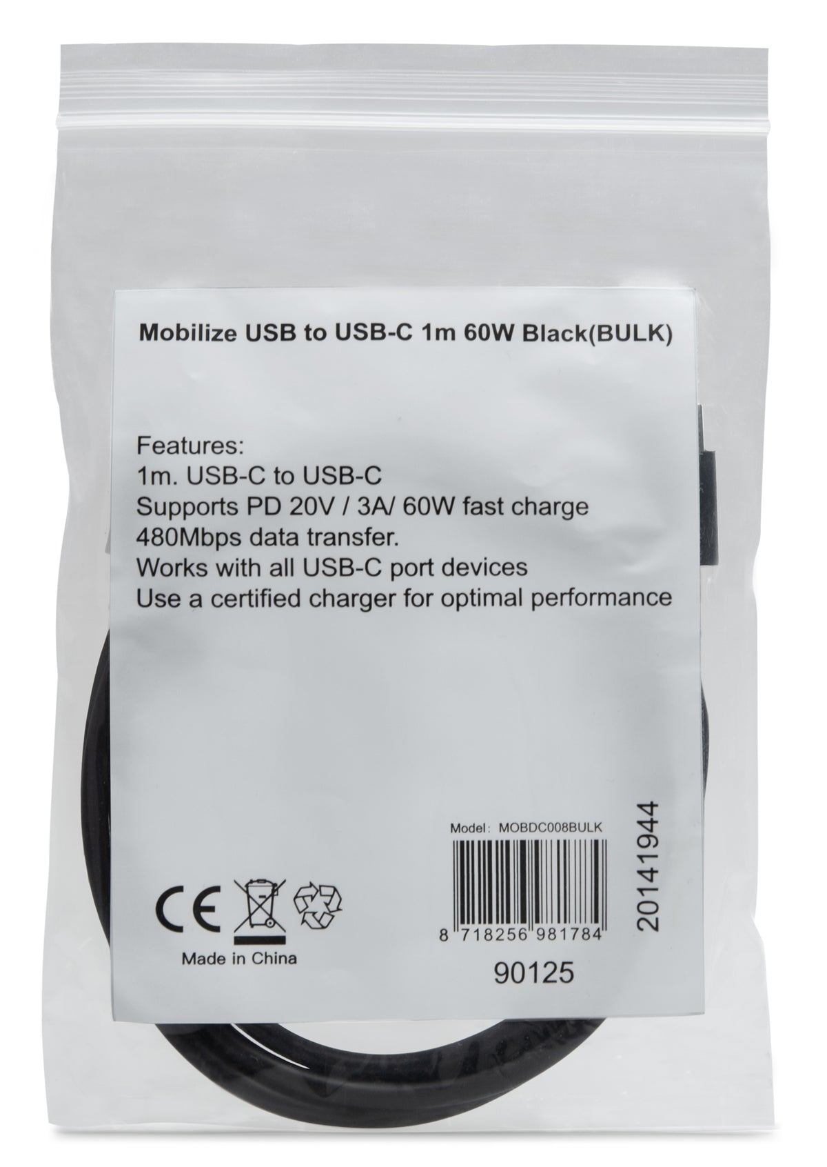 Mobilize Bulk Mobilize Cable Usb-C To Usb-C 1M. 60W Black (Bulk)