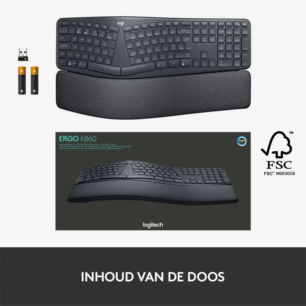 Logitech K860 Ergo | Draadloos Bluetooth Toetsenbord met Receiver | QWERTY - Essentify