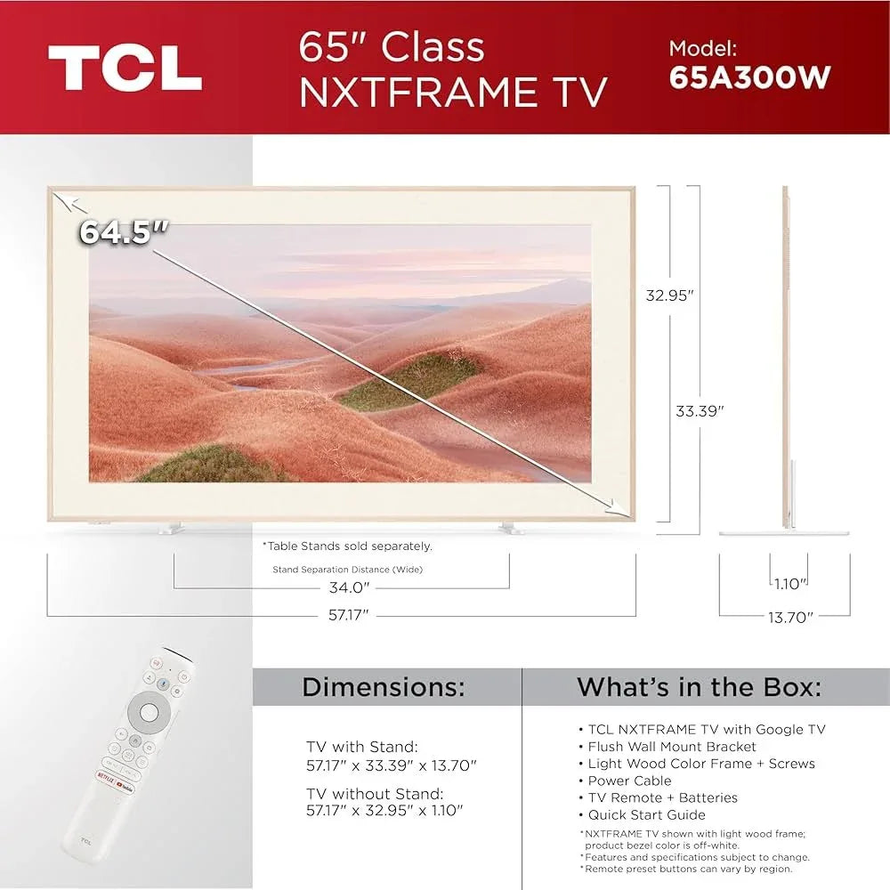 TCL NXTFRAME 65A300W | 65" 4K Ultra HD QLED Smart TV | Google TV | Dolby Vision | 120Hz - Essentify
