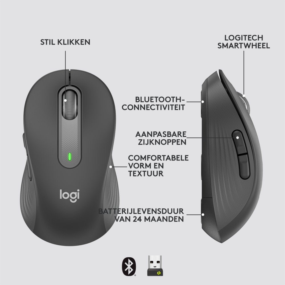 Logitech Signature M650 Large | Draadloze Muis | Rechtshandig | RF + Bluetooth | 2000 DPI | Grafiet