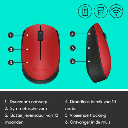 Logitech M171 | Draadloze Muis | Links- en Rechtshandig | RF | 1000 DPI | Rood/Zwart