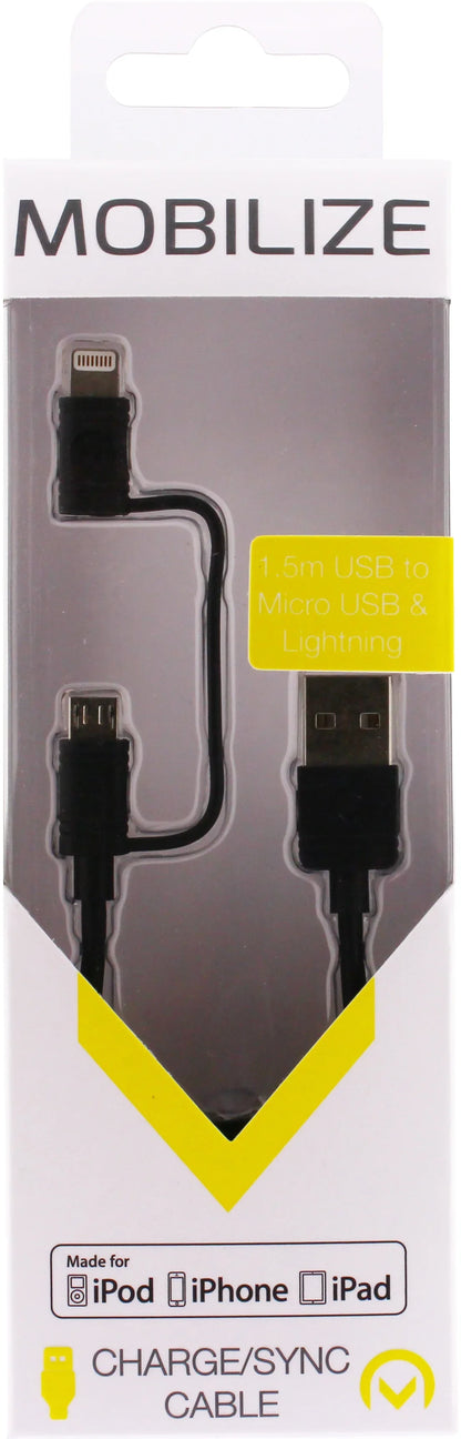 Mobilize 2In1 Cable Usb To Apple Mfi Lightning Or Micro Usb 1.5M. Black - Essentify