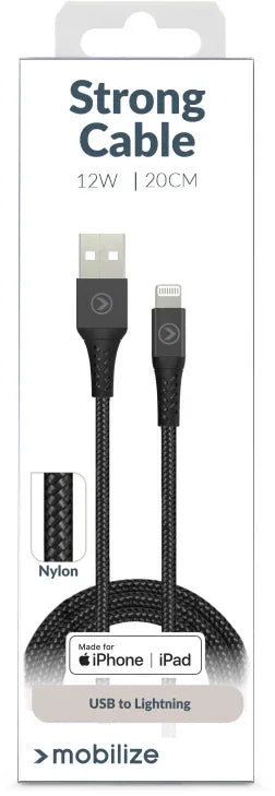 Mobilize Strong Nylon Cable Usb To Apple Mfi Lightning 20Cm. 12W Black - Essentify