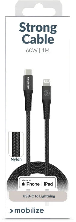 Mobilize Strong Nylon Cable Usb To Apple Mfi Lightning 2M. 12W Black - Essentify