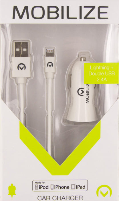 Mobilize Car Charger 2X Usb 24W + Usb To Apple Mfi Lighting Cable 1M. White