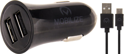 Mobilize Car Charger Dual Usb 2.4A 12W + 1M Usb-C Cable Black