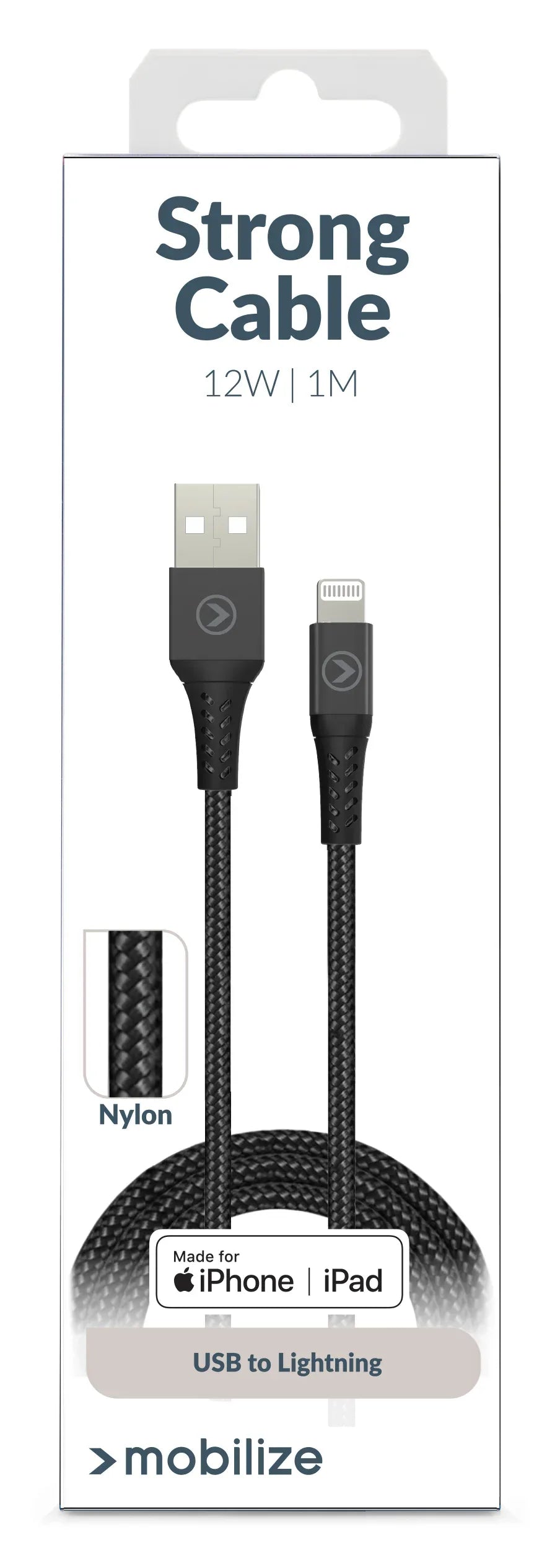 Mobilize Strong Nylon Cable Usb To Apple Mfi Lightning 1M. 12W Black - Essentify