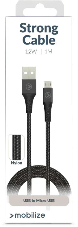 Mobilize Strong Nylon Cable Usb To Micro Usb 1M. 12W Black - Essentify