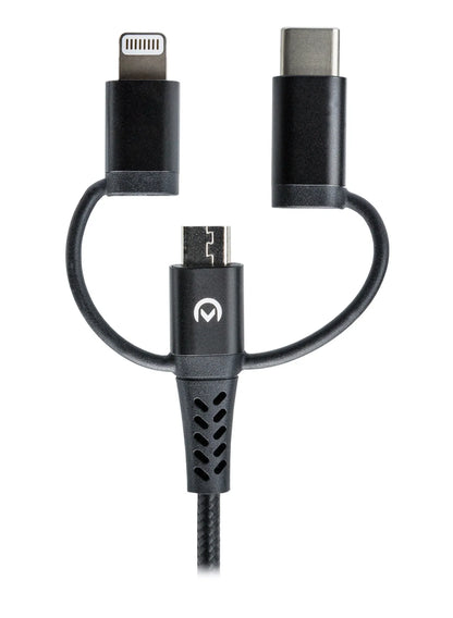 Mobilize Strong Nylon Cable 3In1 Usb To Micro Usb, Usb-C, Apple Mfi Lightning 1.5M Black - Essentify