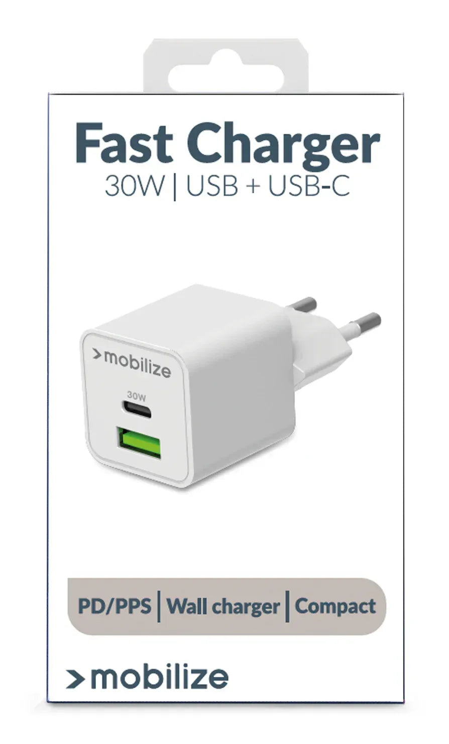 Mobilize Wall Charger Usb-C + Usb Gan 30W With Pd/Pps White - Essentify